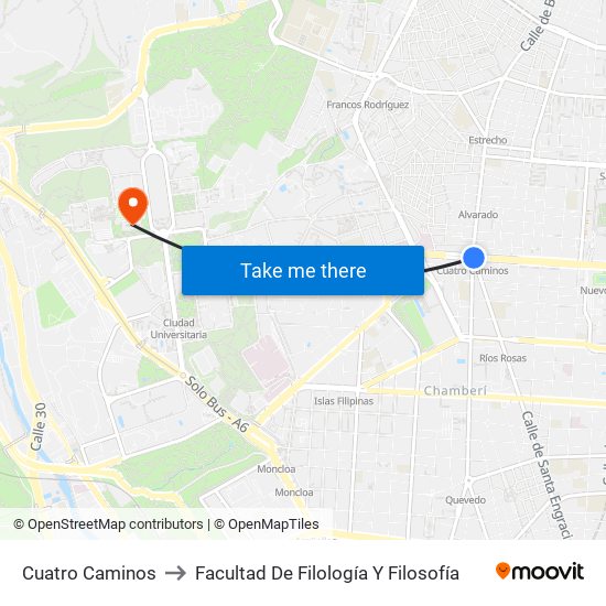 Cuatro Caminos to Facultad De Filología Y Filosofía map