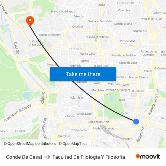 Conde De Casal to Facultad De Filología Y Filosofía map