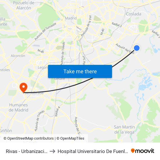 Rivas - Urbanizaciones to Hospital Universitario De Fuenlabrada. map