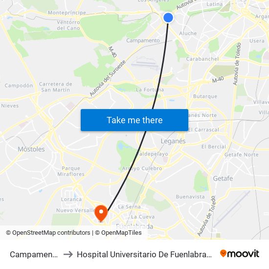 Campamento to Hospital Universitario De Fuenlabrada. map