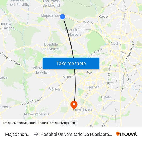 Majadahonda to Hospital Universitario De Fuenlabrada. map