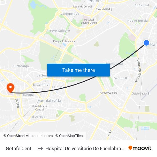 Getafe Centro to Hospital Universitario De Fuenlabrada. map