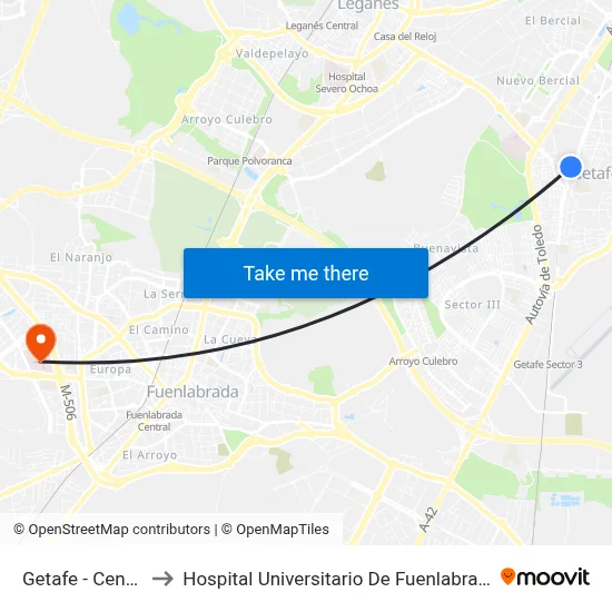 Getafe - Centro to Hospital Universitario De Fuenlabrada. map