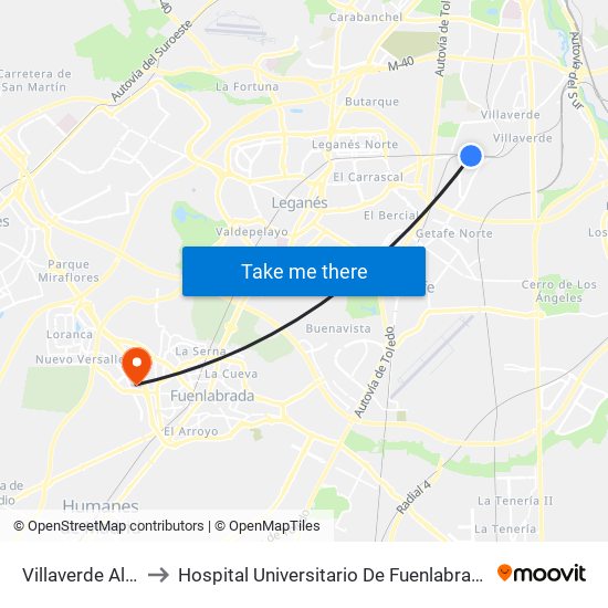 Villaverde Alto to Hospital Universitario De Fuenlabrada. map