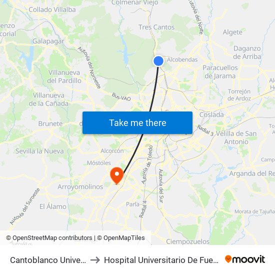 Cantoblanco Universidad to Hospital Universitario De Fuenlabrada. map