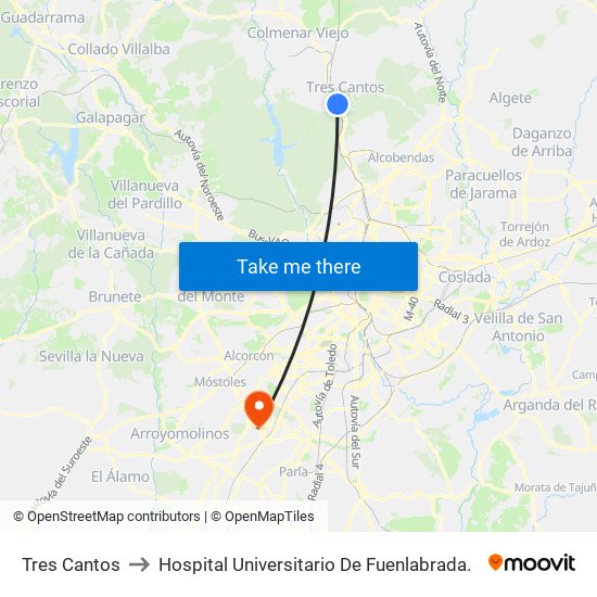 Tres Cantos to Hospital Universitario De Fuenlabrada. map