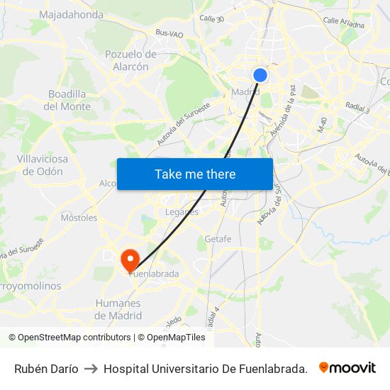 Rubén Darío to Hospital Universitario De Fuenlabrada. map