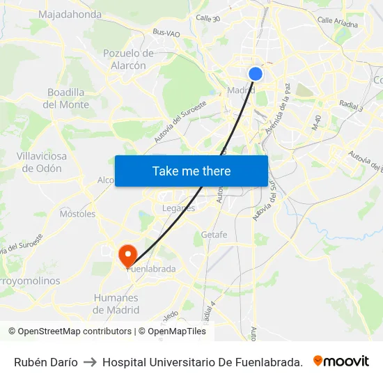 Rubén Darío to Hospital Universitario De Fuenlabrada. map