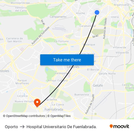 Oporto to Hospital Universitario De Fuenlabrada. map