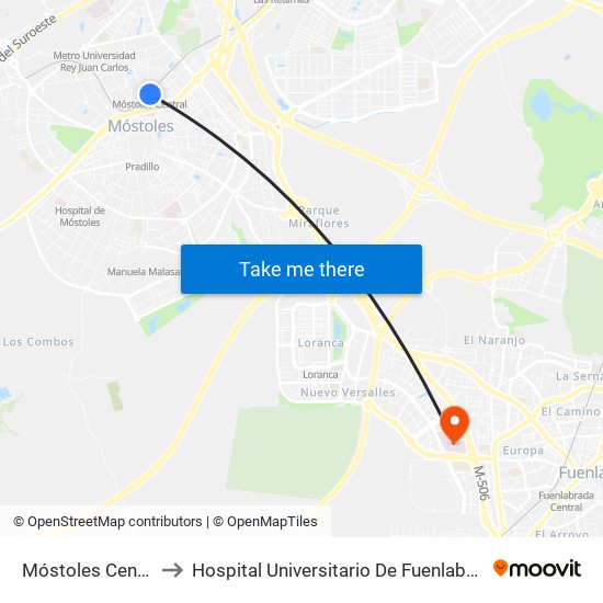 Móstoles Central to Hospital Universitario De Fuenlabrada. map