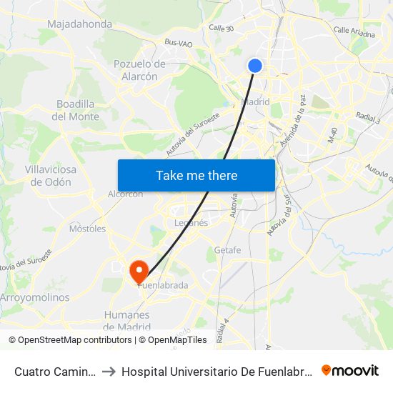 Cuatro Caminos to Hospital Universitario De Fuenlabrada. map
