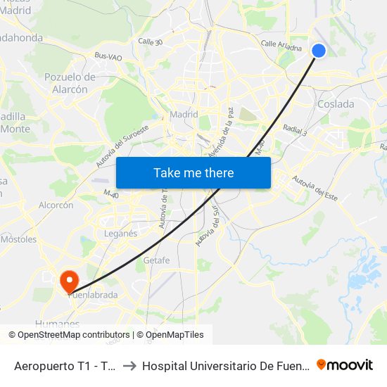 Aeropuerto T1 - T2 - T3 to Hospital Universitario De Fuenlabrada. map