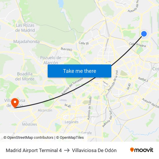 Madrid Airport Terminal 4 to Villaviciosa De Odón map