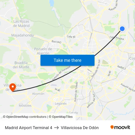Madrid Airport Terminal 4 to Villaviciosa De Odón map