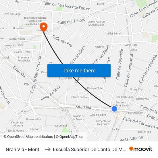 Gran Vía - Montera to Escuela Superior De Canto De Madrid map