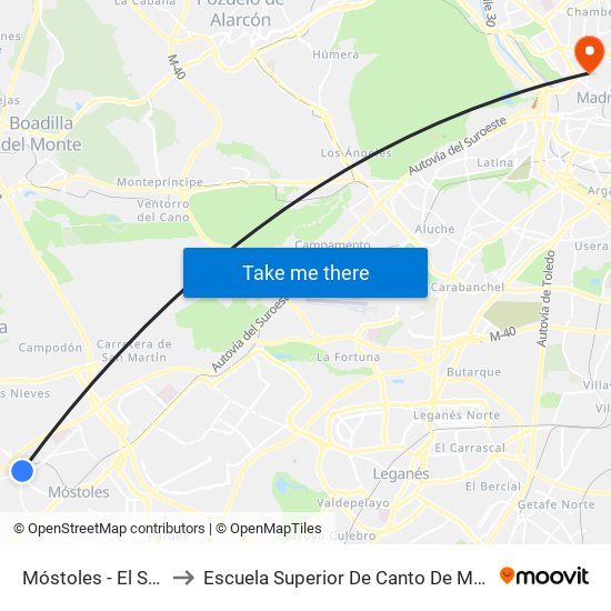 Móstoles - El Soto to Escuela Superior De Canto De Madrid map