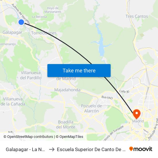 Galapagar - La Navata to Escuela Superior De Canto De Madrid map