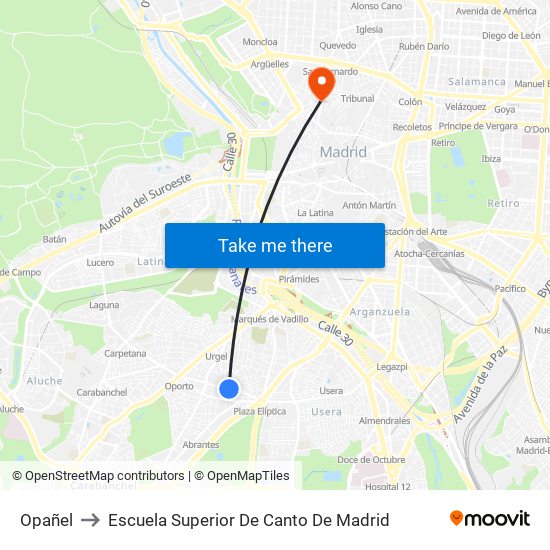 Opañel to Escuela Superior De Canto De Madrid map