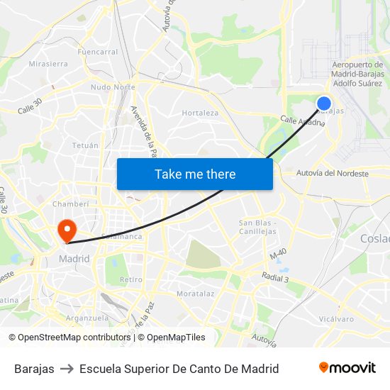 Barajas to Escuela Superior De Canto De Madrid map