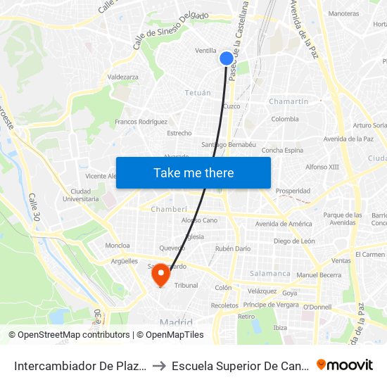 Intercambiador De Plaza De Castilla to Escuela Superior De Canto De Madrid map