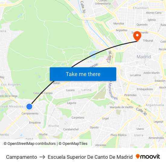 Campamento to Escuela Superior De Canto De Madrid map
