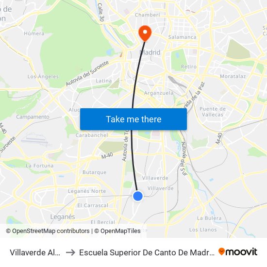 Villaverde Alto to Escuela Superior De Canto De Madrid map