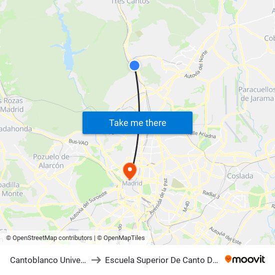 Cantoblanco Universidad to Escuela Superior De Canto De Madrid map