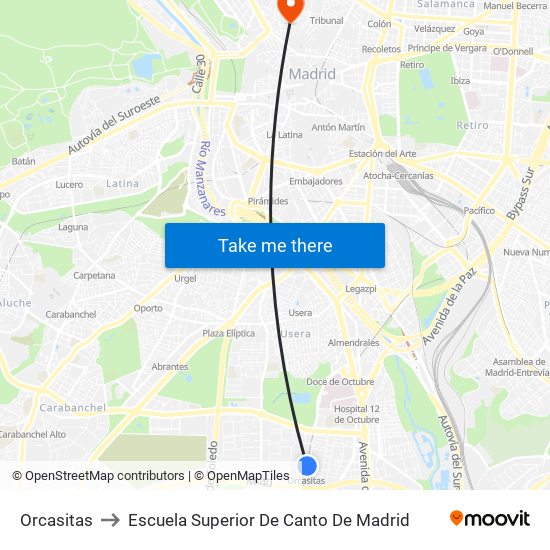 Orcasitas to Escuela Superior De Canto De Madrid map