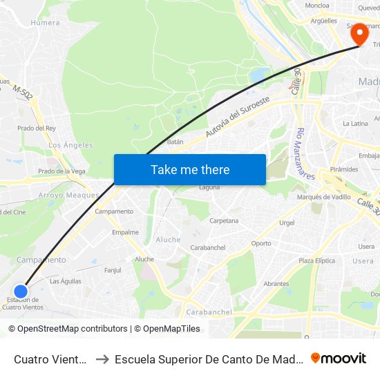 Cuatro Vientos to Escuela Superior De Canto De Madrid map