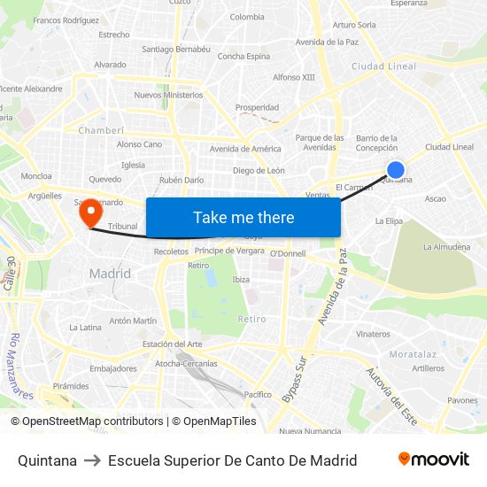 Quintana to Escuela Superior De Canto De Madrid map
