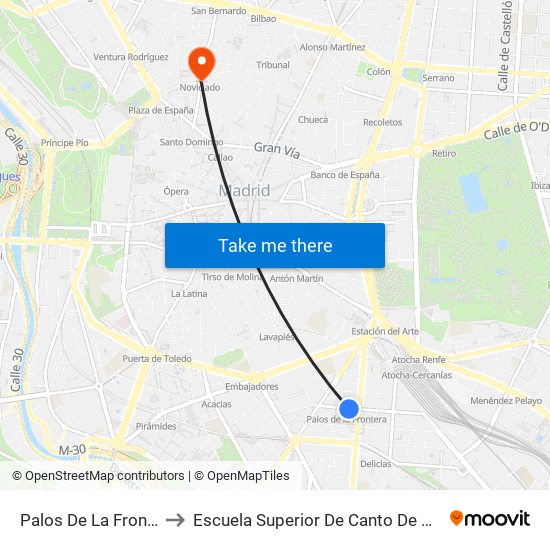 Palos De La Frontera to Escuela Superior De Canto De Madrid map