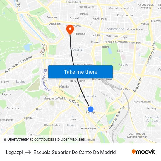 Legazpi to Escuela Superior De Canto De Madrid map