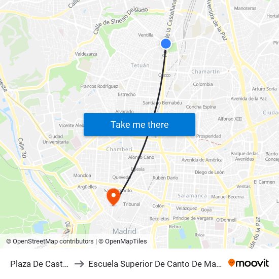 Plaza De Castilla to Escuela Superior De Canto De Madrid map