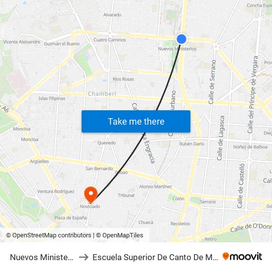 Nuevos Ministerios to Escuela Superior De Canto De Madrid map