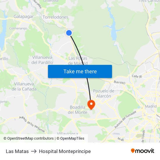 Las Matas to Hospital Montepríncipe map