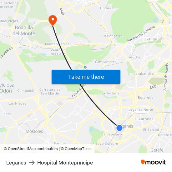 Leganés to Hospital Montepríncipe map