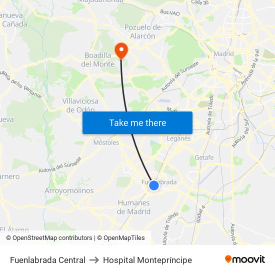 Fuenlabrada Central to Hospital Montepríncipe map