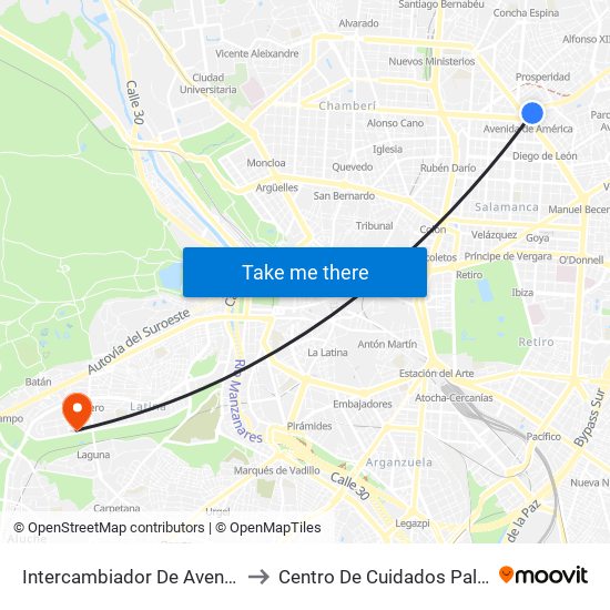 Intercambiador De Avenida De América to Centro De Cuidados Paliativos Laguna map