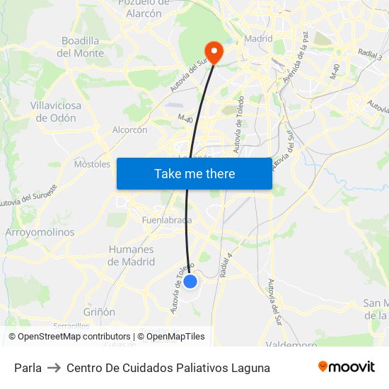 Parla to Centro De Cuidados Paliativos Laguna map