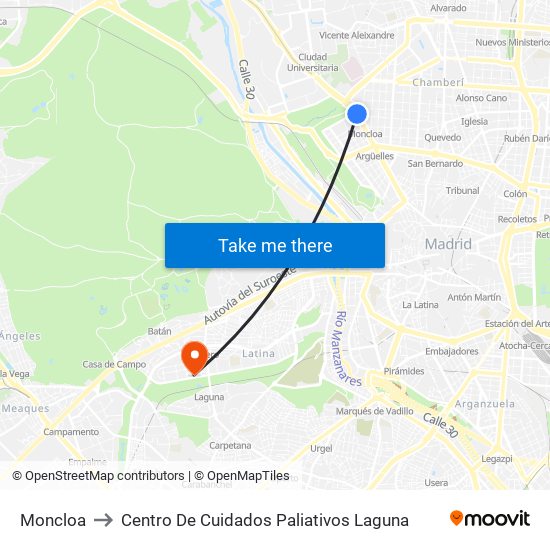 Moncloa to Centro De Cuidados Paliativos Laguna map