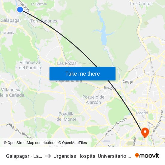 Galapagar - La Navata to Urgencias Hospital Universitario 12 De Octubre map
