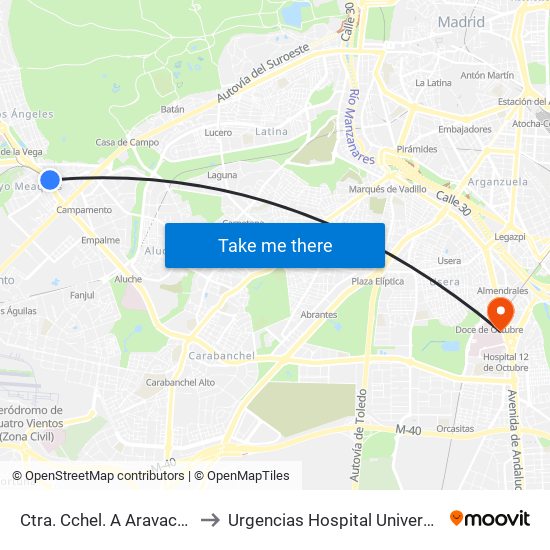 Ctra. Cchel. A Aravaca - Colonia Jardín to Urgencias Hospital Universitario 12 De Octubre map