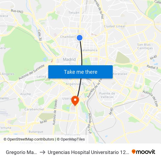 Gregorio Marañón to Urgencias Hospital Universitario 12 De Octubre map