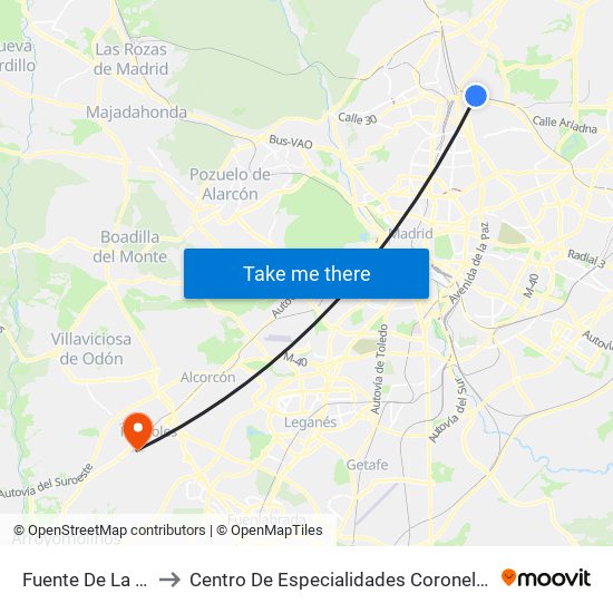 Fuente De La Mora to Centro De Especialidades Coronel De Palma map