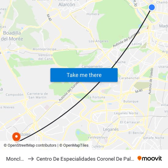 Moncloa to Centro De Especialidades Coronel De Palma map