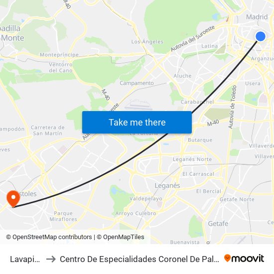 Lavapiés to Centro De Especialidades Coronel De Palma map