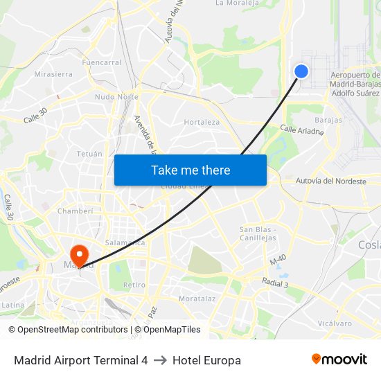 Madrid Airport Terminal 4 to Hotel Europa map