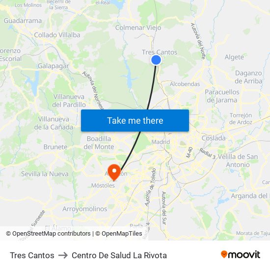 Tres Cantos to Centro De Salud La Rivota map