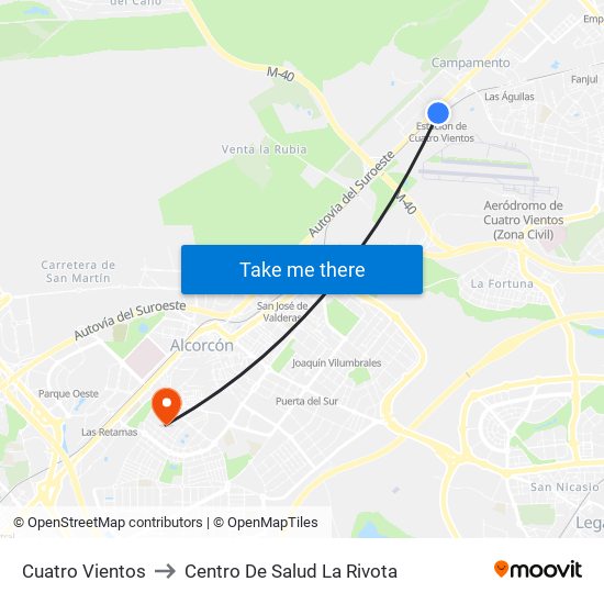 Cuatro Vientos to Centro De Salud La Rivota map