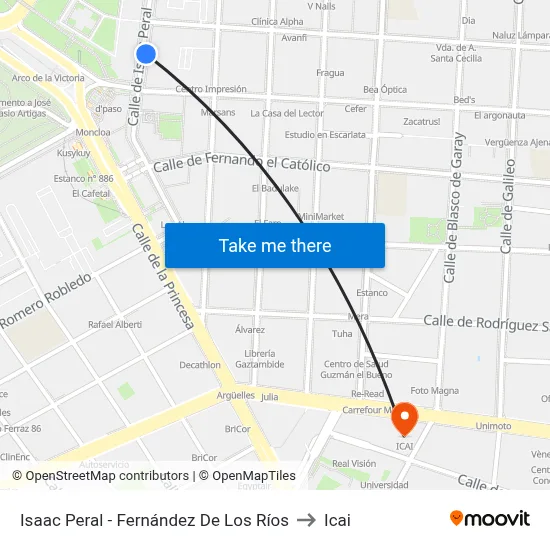 Isaac Peral - Fernández De Los Ríos to Icai map